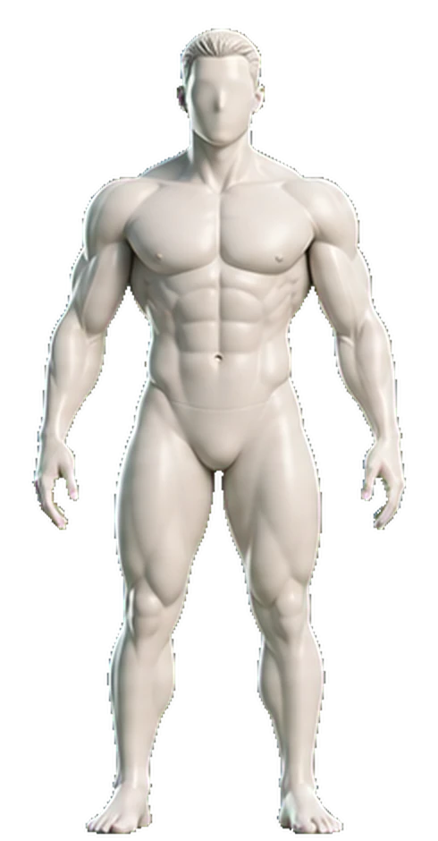 Body Focus muscle map, front view, with the quadriceps highlighted in volt
