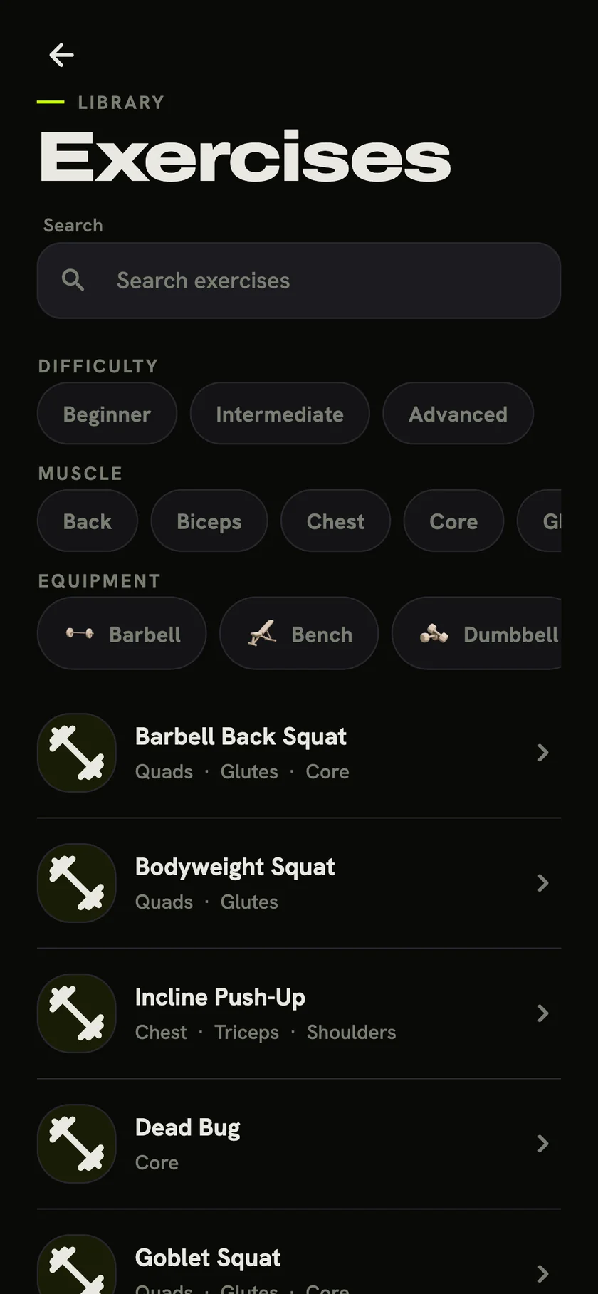 Burnix exercise library with search and muscle, equipment and difficulty filters