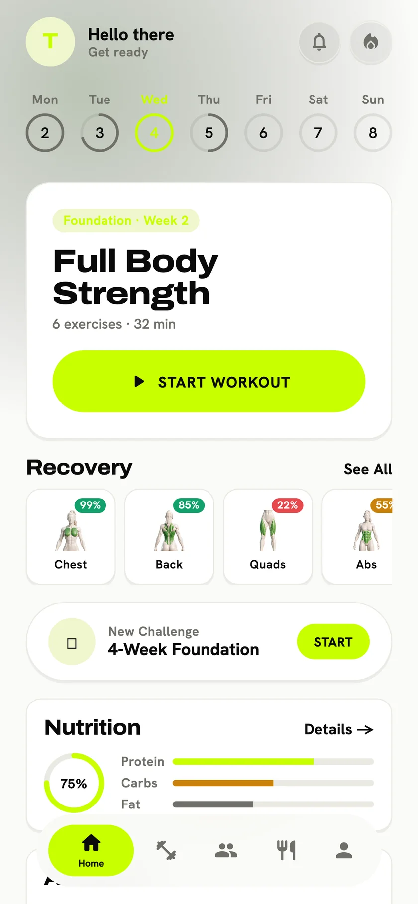 Burnix home screen with daily calorie and macro targets alongside the day's training