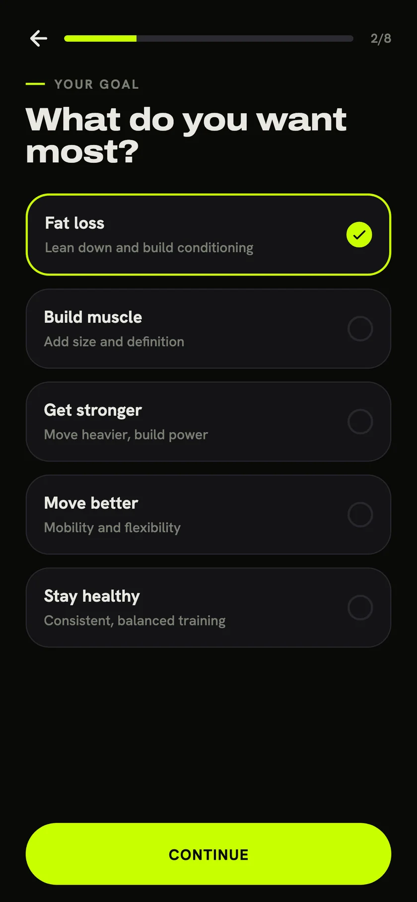 Burnix goal selection screen — the goal that shapes your calorie and macro targets