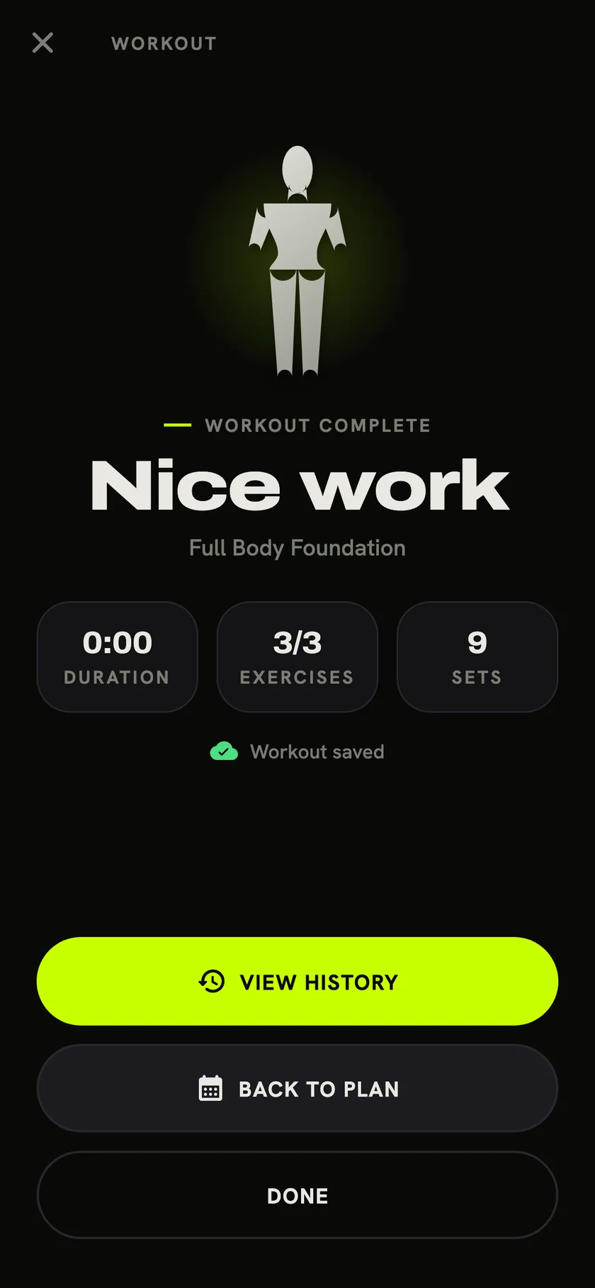 Burnix session-complete screen after a finished workout