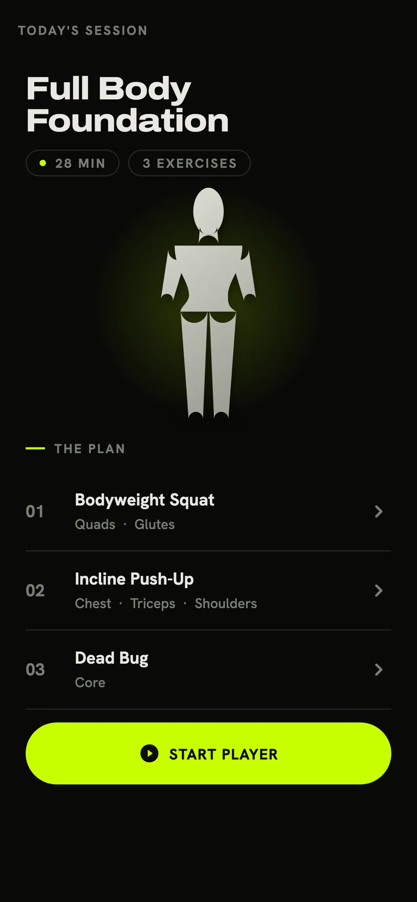 Today's Session screen — the day's workout queued from your program